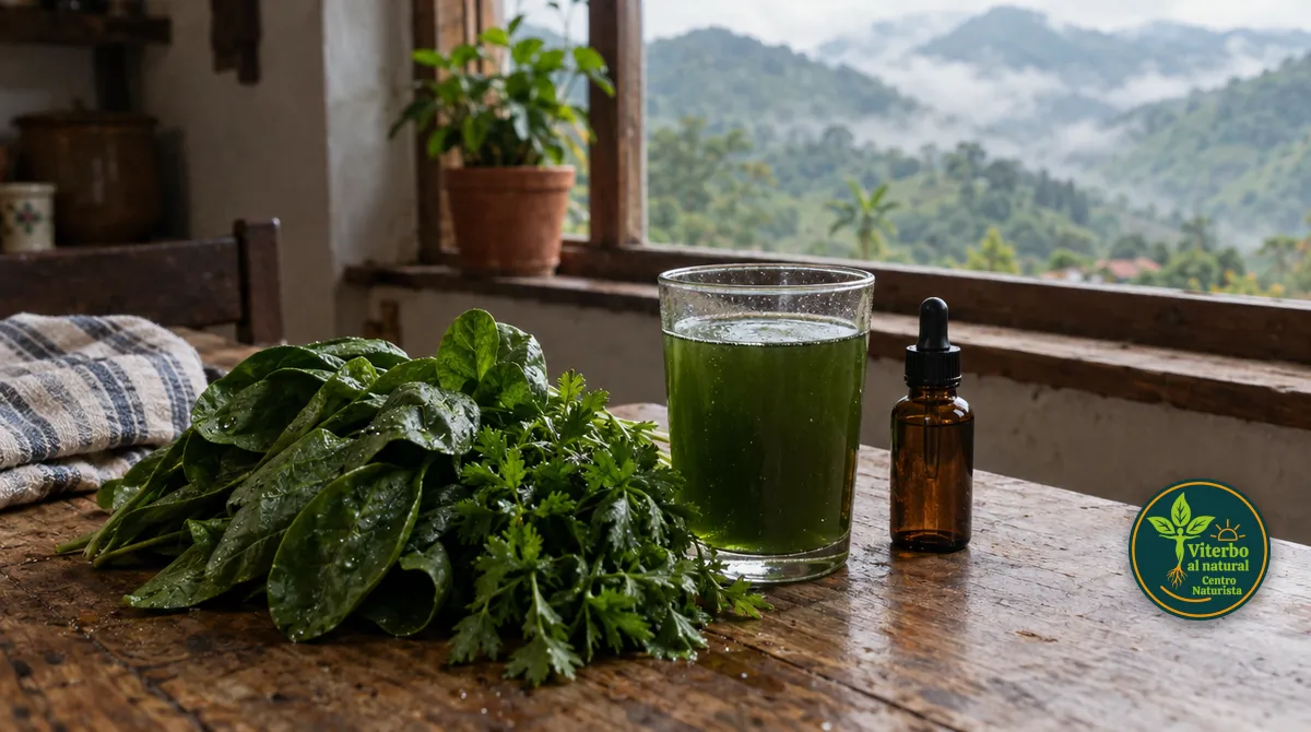 Vaso de agua con clorofila líquida, un frasco gotero y hojas frescas de espinaca y perejil en una mesa de cocina