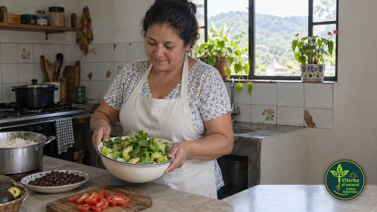 Mujer colombiana prepara un almuerzo con ensalada de hojas verdes y aguacate en la cocina de su casa
