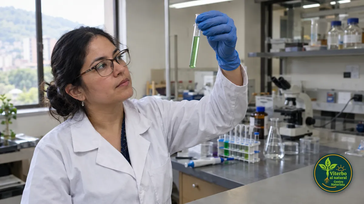 Investigadora mira a contraluz un tubo de ensayo con un líquido verde en un laboratorio