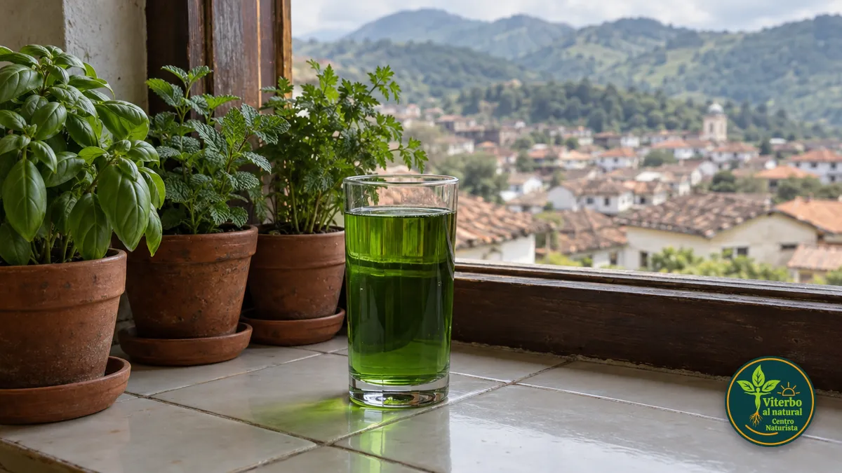 Vaso alto con agua y clorofila líquida junto a la ventana de una cocina con plantas