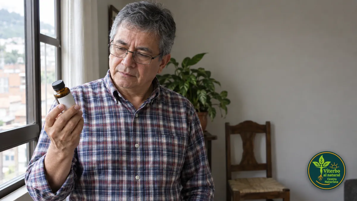 Hombre colombiano lee con calma la etiqueta de un frasco ámbar junto a la ventana de su casa