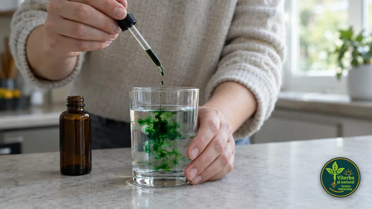 Manos que diluyen unas gotas de clorofila líquida en un vaso de agua sobre el mesón de una cocina