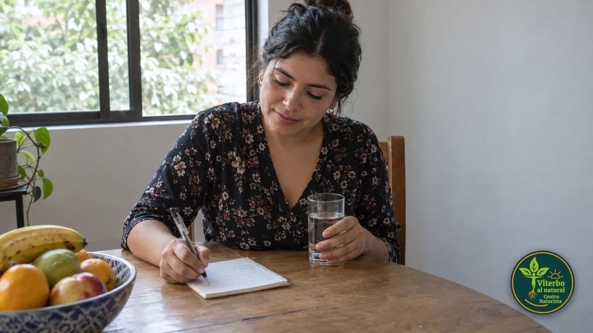 Mujer anota en una libreta cómo se siente mientras toma un vaso de agua en la mesa del comedor