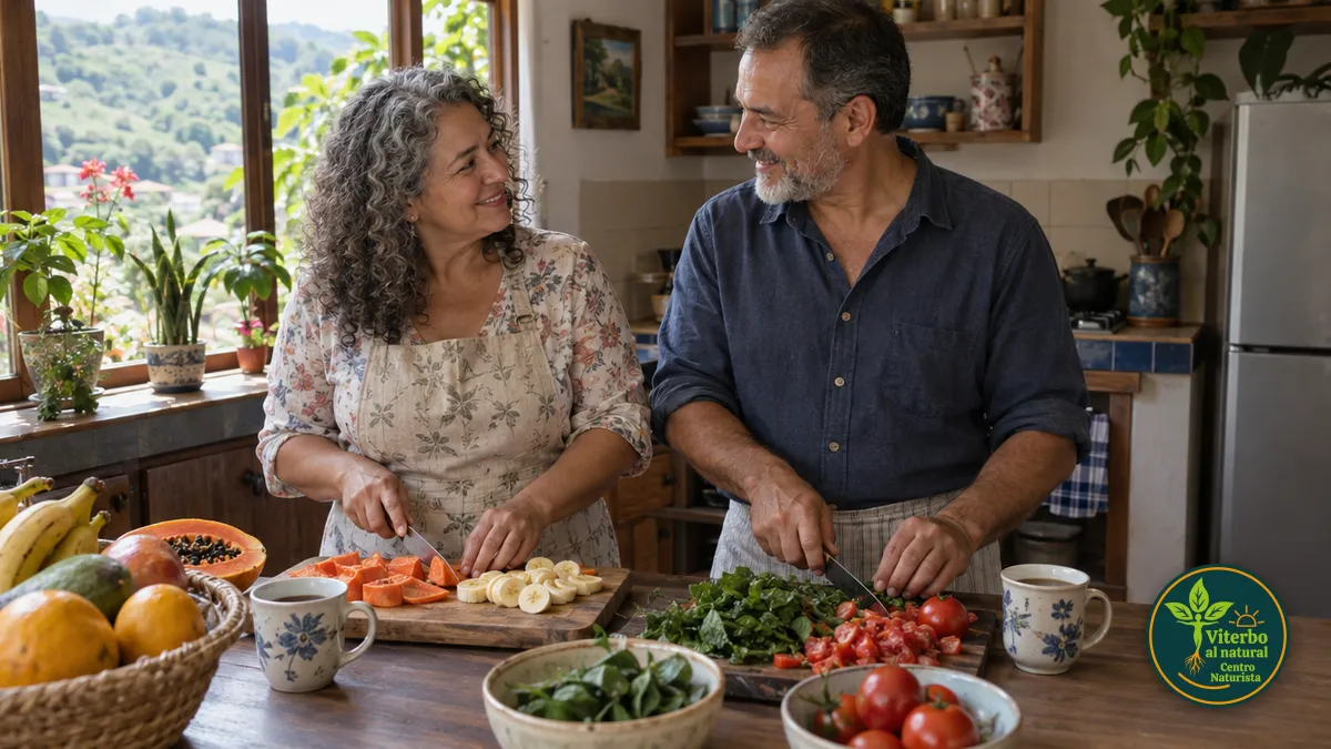 Pareja colombiana de mediana edad prepara junta el desayuno con papaya, banano y espinaca en su cocina