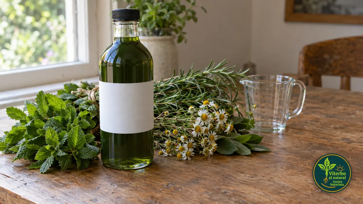 Frasco de jarabe verde con etiqueta blanca junto a hierbas frescas sobre una mesa de madera
