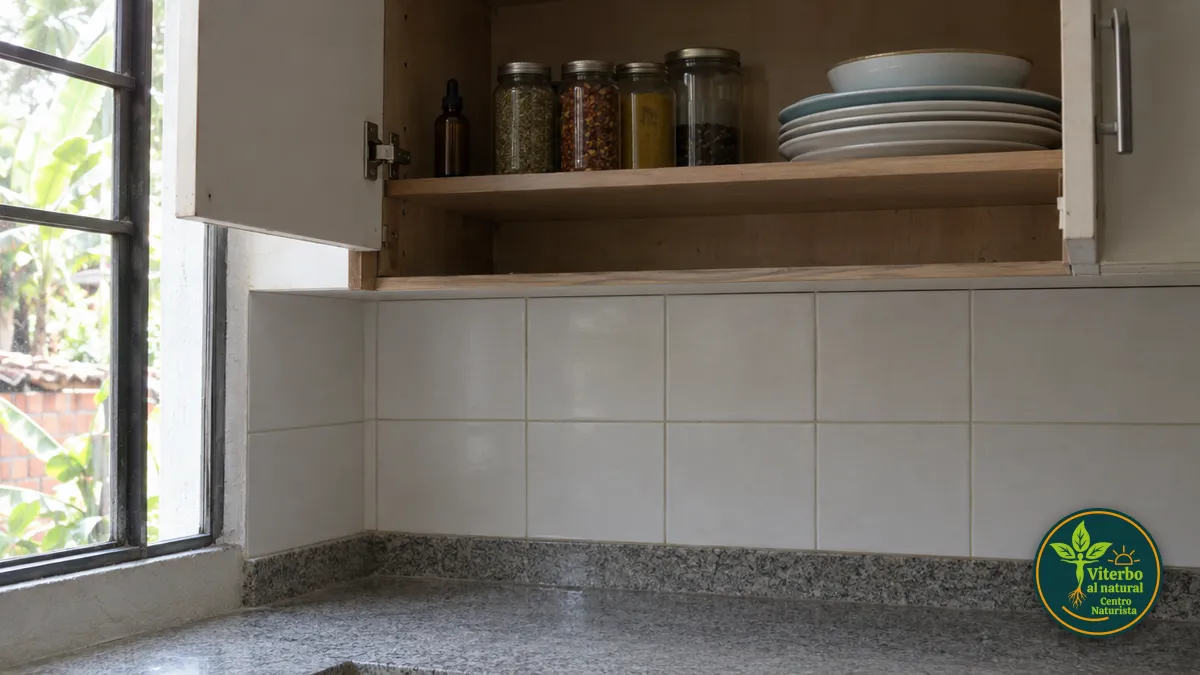 Frasco gotero ámbar guardado en el estante alto de una alacena de cocina