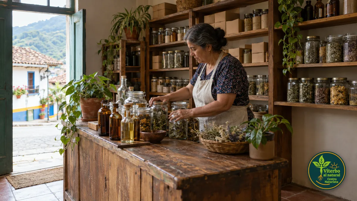 Vendedora organiza frascos de hierbas secas en el mostrador de madera de una tienda naturista de pueblo